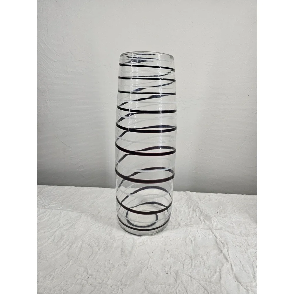 Vintage Unique, Large Hand-Blown Glass Vase with Striped Accents 14 In